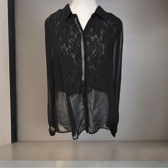 Miss Me Sheer Black Lace Blouse w. Silver Embellishments‎ Size Medium - Picture 1 of 14